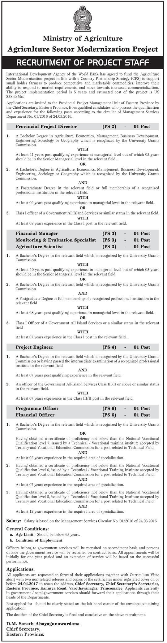 Provincial Project Director, Financial Manager, Monitoring & Evaluation Specialist, Agriculture Scientist, Project Engineer, Programme Officer, Financial Officer - Ministry of Agriculture